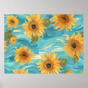 Zonnebloemen in blauw poster