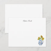 Zonnebloemen in blauwe en witte vaas plat notitiek bedankkaart (Voorkant / Achterkant)