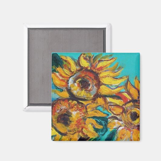 ZONNEBLOEMEN IN BLAUWE TURQUOISE MAGNEET (Voorkant / Achterkant)