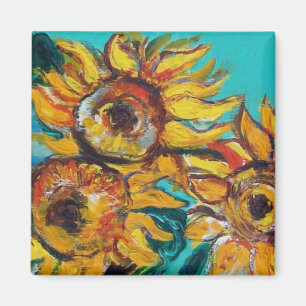 ZONNEBLOEMEN IN BLAUWE TURQUOISE MAGNEET