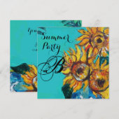 ZONNEBLOEMEN IN BLAUWE TURQUOISE ZOMERPARTY INITIA KAART (Voorkant / Achterkant)