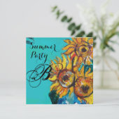ZONNEBLOEMEN IN BLAUWE TURQUOISE ZOMERPARTY INITIA KAART (Staand voorkant)