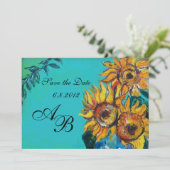 ZONNEBLOEMEN IN BLAUWE TURQUOISE ZOMERPARTY INITIA KAART (Staand voorkant)