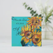 ZONNEBLOEMEN IN BLAUWE TURQUOISE ZOMERPARTY INITIA SAVE THE DATE (Staand voorkant)