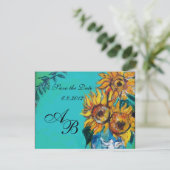 ZONNEBLOEMEN IN BLAUWE TURQUOISE ZOMERPARTY MONOGR KAART (Staand voorkant)