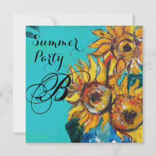 ZONNEBLOEMEN IN BLAUWE TURQUOISE ZOMERPARTY MONOGR KAART