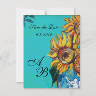 ZONNEBLOEMEN IN BLAUWE TURQUOISE ZOMERPARTY MONOGR KAART
