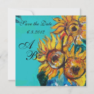 ZONNEBLOEMEN IN BLAUWE TURQUOISE ZOMERPARTY MONOGR KAART