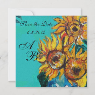 ZONNEBLOEMEN IN BLAUWE TURQUOISE ZOMERPARTY MONOGR KAART