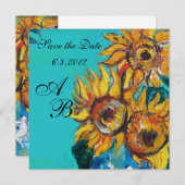ZONNEBLOEMEN IN BLAUWE TURQUOISE ZOMERPARTY MONOGR SAVE THE DATE (Voorkant / Achterkant)