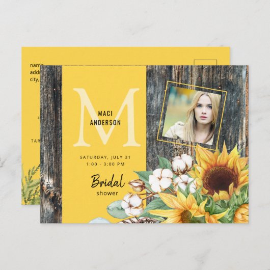 Zonnebloemen in Bloom Rustic Photo Vrijgezellenfee Uitnodiging Briefkaart (Voorkant / Achterkant)