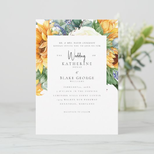 Zonnebloemen in Bloom Wit Bruiloft Kaart (Staand voorkant)