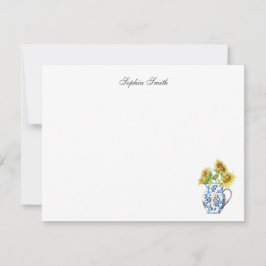 Zonnebloemen in Blue en White Jug flat note card Bedankkaart