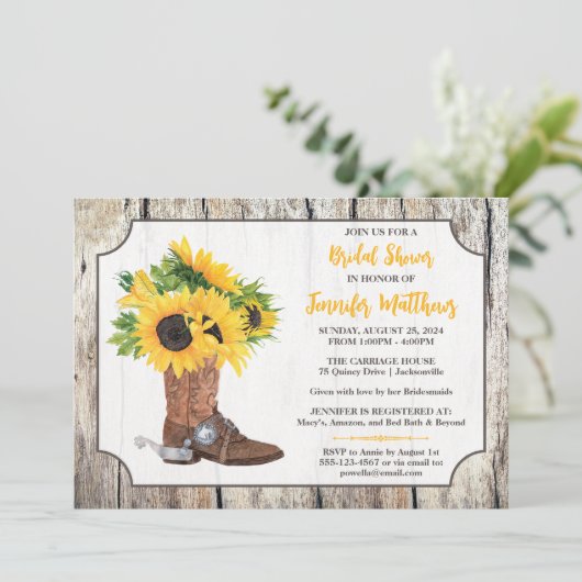 Zonnebloemen in cowboylaars met houtnerfprint brui kaart (Staand voorkant)