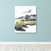 Zonnebloemen in de schemering, gouden zonnebloemen canvas afdruk (Insitu (Houten vloer))