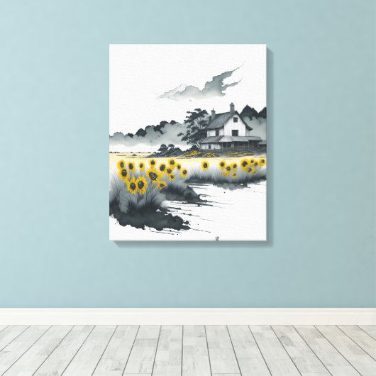 Zonnebloemen in de schemering, gouden zonnebloemen canvas afdruk (Insitu (Houten vloer))