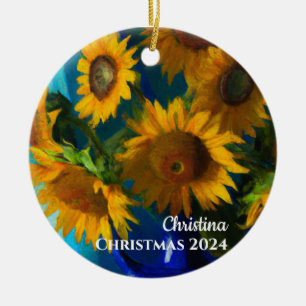 Zonnebloemen.in een blauwe vaas gepersonaliseerd O Keramisch Ornament