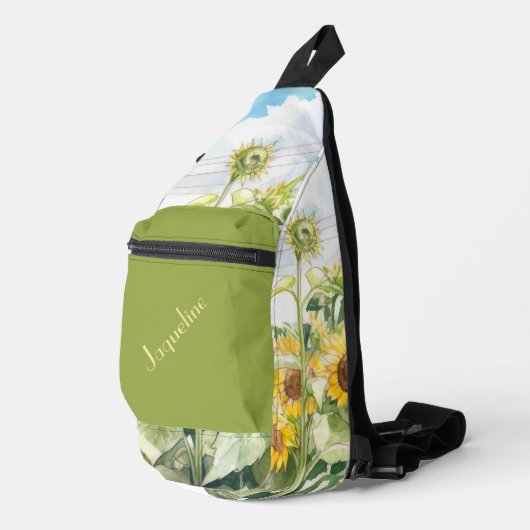 Zonnebloemen in gele bruine en groene achtergrond sling bag (Rechterhoek)