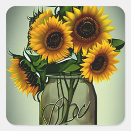 Zonnebloemen in glazen pot Digitale kunst Vierkante Sticker