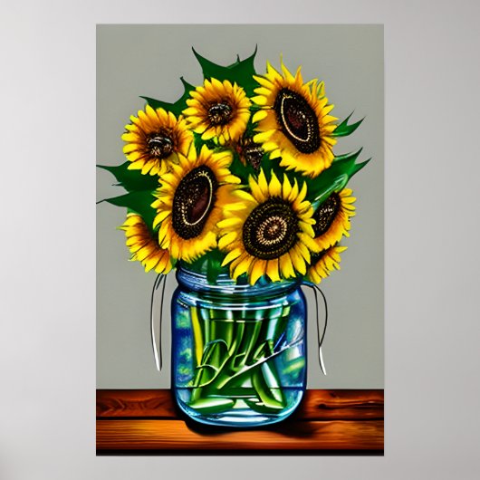 Zonnebloemen in glazen vaas poster (Voorkant)