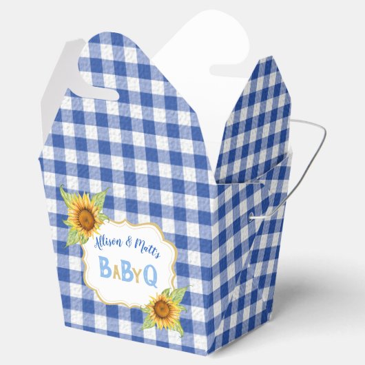 Zonnebloemen in het land Gecheckte blauwe katoen B Bedankdoosjes (Geopend)