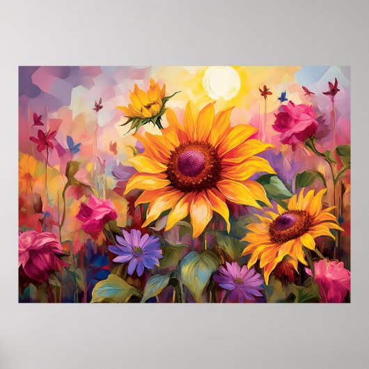 Zonnebloemen in het veld van kleurrijke bloemen Poster (Voorkant)