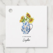 Zonnebloemen in labels met blauw en witte vase (Voorkant)