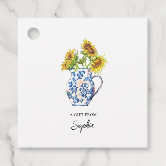Zonnebloemen in labels met blauw en witte vase (Voorkant)