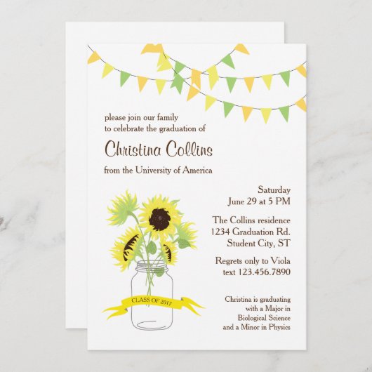 Zonnebloemen in Mason Jar Afstuderen Uitnodiging (Voorkant / Achterkant)