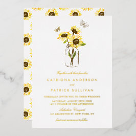 Zonnebloemen in Mason Jar Country Rustic Wedding Folie Uitnodiging