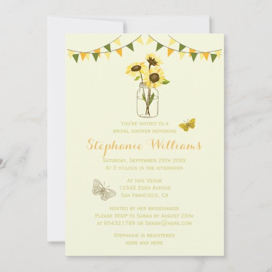 Zonnebloemen in Mason Jar w / Vlinders & Bunting Kaart (Voorkant)