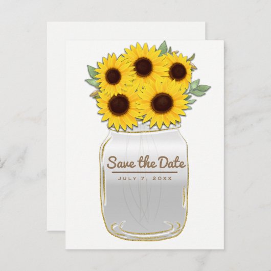Zonnebloemen in Metselwerkpot Rustieke Chic Save t Aankondigingskaart (Voorkant / Achterkant)