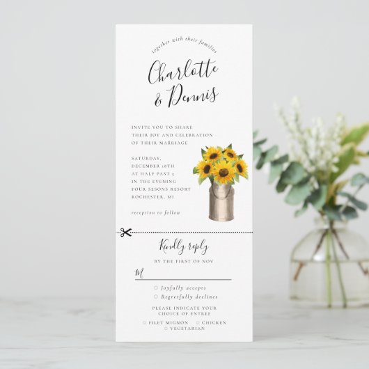 Zonnebloemen in milkbucket uitnodiging w rsvp bijg (Staand voorkant)