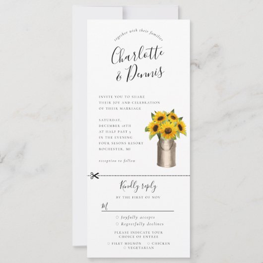 Zonnebloemen in milkbucket uitnodiging w rsvp bijg (Voorkant)