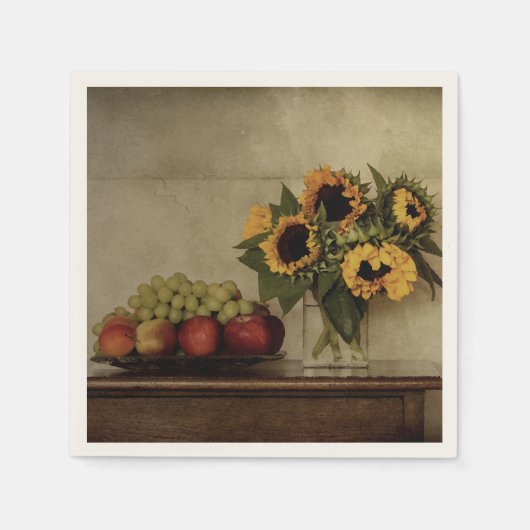 Zonnebloemen in Vase, Bowl van fruit op tafel Servetten (Voorkant)