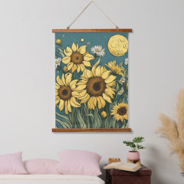 Zonnebloemen in Volle Maan Van Gogh Stijl Bloemen Hangend Wandkleed