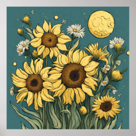 Zonnebloemen in Volle Maan Van Gogh Stijl Bloemen Poster