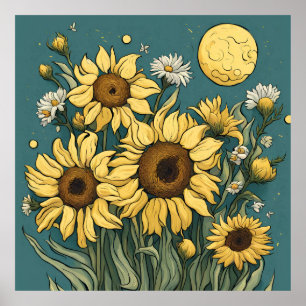 Zonnebloemen in Volle Maan Van Gogh Stijl Bloemen Poster