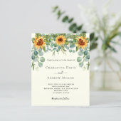 Zonnebloemen ivoor eucalyptus groen uitnodiging (Staand voorkant)