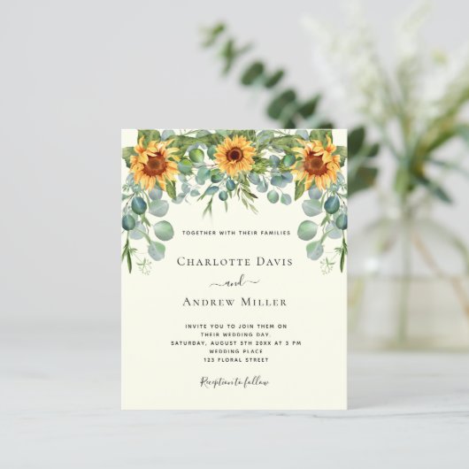 Zonnebloemen ivoor eucalyptus groen uitnodiging (Staand voorkant)