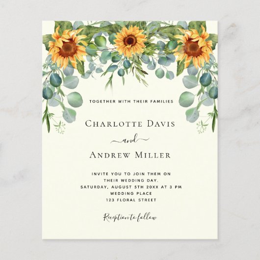 Zonnebloemen ivoor eucalyptus groen uitnodiging (Voorkant)