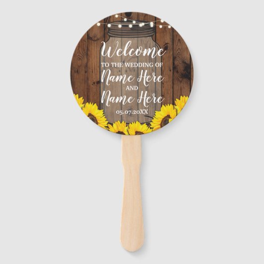 Zonnebloemen Jar Hout Trouwprogramma Bloemen Fan Handwaaier (Voorkant)