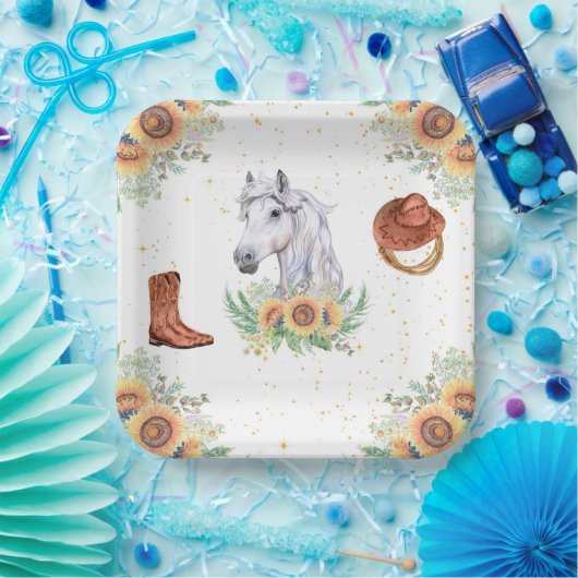 Zonnebloemen Jongen Paard Verjaardagsfeest Papieren Bordje (Feest)