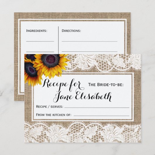 Zonnebloemen jute en kant bruid om recept kaart te (Voorkant / Achterkant)