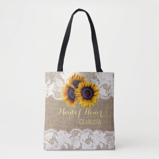Zonnebloemen jute kant bruiloft meid van eer tote bag (Voorkant)