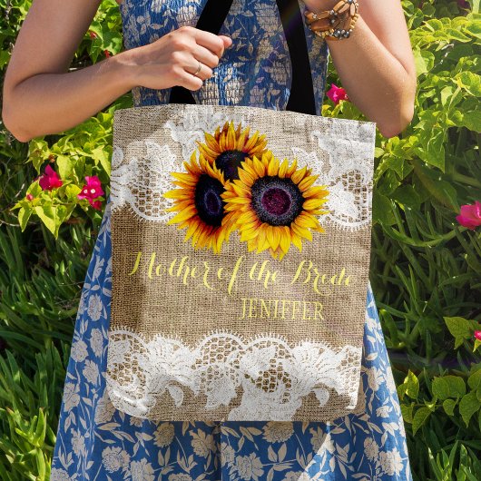 Zonnebloemen jute kant bruiloft moeder van de brui tote bag