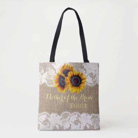 Zonnebloemen jute kant bruiloft moeder van de brui tote bag (Voorkant)