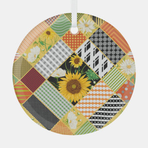 Zonnebloemen Kamille, Patchwork Waterverf. Glas Ornament