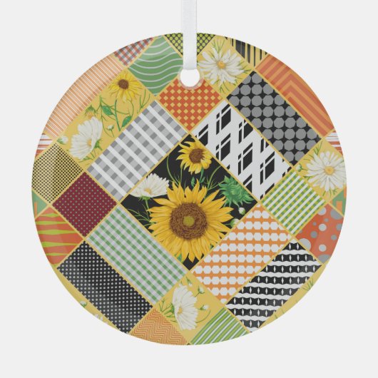 Zonnebloemen Kamille, Patchwork Waterverf. Glas Ornament (Voorkant)