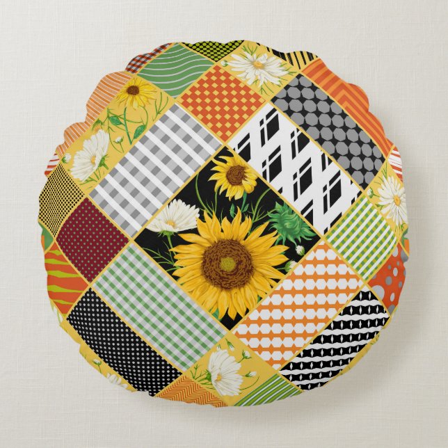 Zonnebloemen Kamille, Patchwork Waterverf. Rond Kussen (Voorkant)